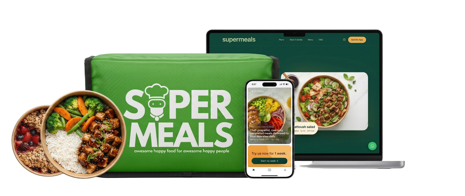 Supermeals cooler bag with meal bowls, app on phone, and website on laptop