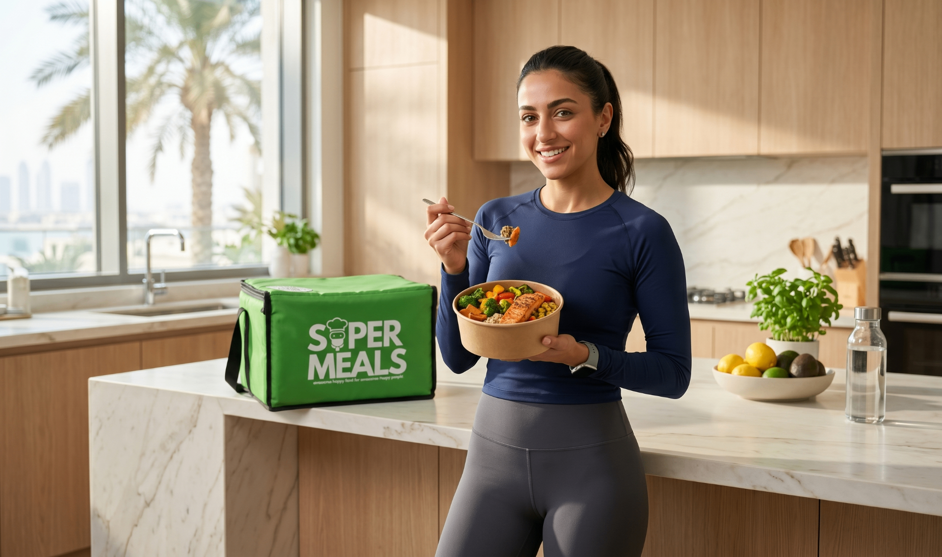 Woman customizing her Supermeals plan from her kitchen in the UAE