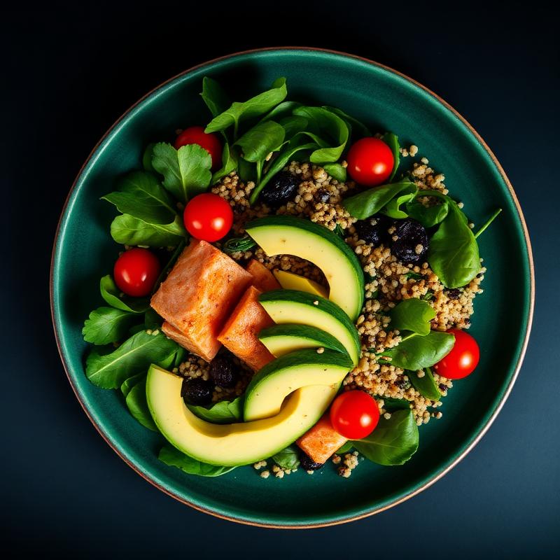 Fresh seasonal salad bowl with avocado, salmon and quinoa